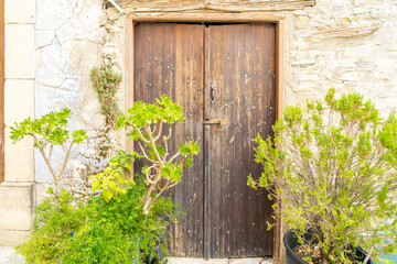 November 2020. Kato Drys in Larnaca District, Cyprus. Wooden door in The traditional village of Kato Drys in Cyprus