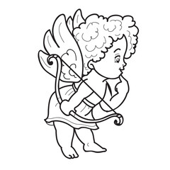 sketch, angel in profile with a bow and arrow, cartoon illustration, coloring book, isolated object on a white background, vector,