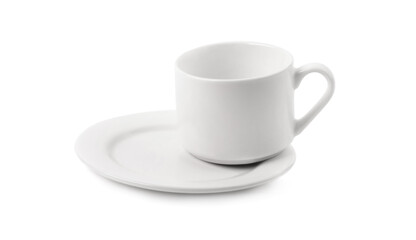 Empty cup standing on plate isolated on a white background
