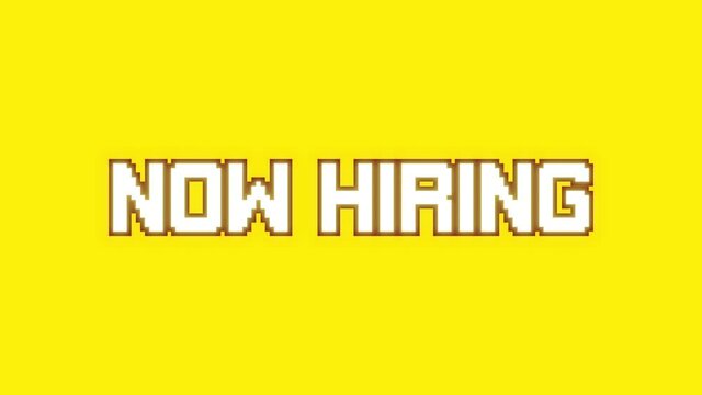 Decoding a text message, Now Hiring, over a yellow background.
