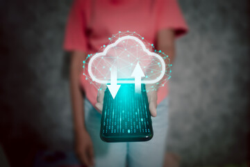 Woman holding a telephone with a cloud icon, symbol of personal data collection backup on the internet.