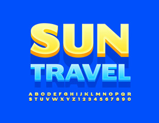 Vector creative banner Sun Travel. Yellow Modern Font. Set of 3D Alphabet Letters and Numbers