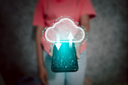 Woman holding a telephone with a cloud icon, symbol of personal data collection backup on the internet.