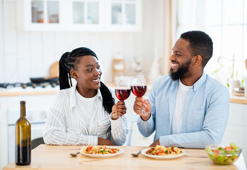 Quarantine Dates. Happy Black Couple Drinking Wine And Having Lunch At Home