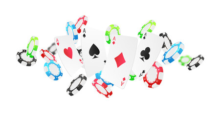 Poster with falling red, green, blue, black poker chips, tokens, playing cards on white background. Vector illustration for casino, game design, advertising.