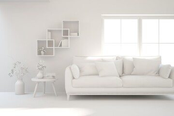 White minimalist living room with sofa. Scandinavian interior design. 3D illustration