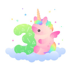 Obraz na płótnie Canvas Cute plump pink unicorn with rainbow hair and green number 3 sitting on blue cloud with stars around. Holiday, birthday illustration for postcard greeting card, banner, party on white background.