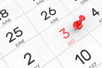 3d rendering of important days concept. July 3rd. Day 3 of month. Red date written and pinned on a calendar. Summer month, day of the year. Remind you an important event or possibility.