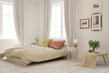 Fototapeta premium Soft color bedroom interior. Scandinavian design. 3D illustration