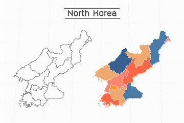 Fototapeta premium North Korea map city vector divided by colorful outline simplicity style. Have 2 versions, black thin line version and colorful version. Both map were on the white background.