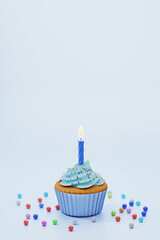Festive cupcake with blue glaze and candle on blue background, empty space for text on top. 3d rendering. Birthday greeting card.