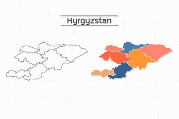 Kyrgyzstan map city vector divided by colorful outline simplicity style. Have 2 versions, black thin line version and colorful version. Both map were on the white background.