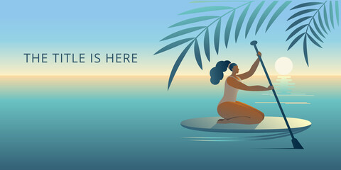 A girl in a swimsuit with a paddle sits on a surfboard. Horizontal banner template.