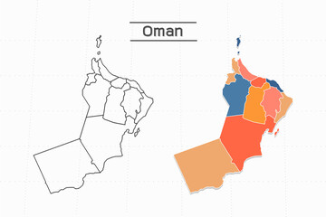 Oman map city vector divided by colorful outline simplicity style. Have 2 versions, black thin line version and colorful version. Both map were on the white background.