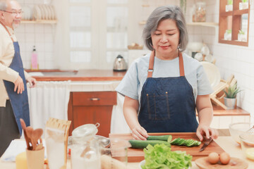 Portrait of pensioner mature woman chopping cucumber for vegetable salad dinner. Senior retired influencer woman making healthy food in the kitchen at home. Elder people lifestyle concept