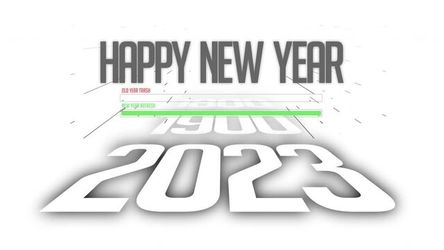 Happy New Year 2023 title animation against the white background. The new year start with numbers animation. New year celebration background animation. 4k video.