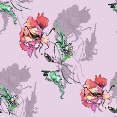 Seamless pattern with watercolor flowers poppy on purple background.