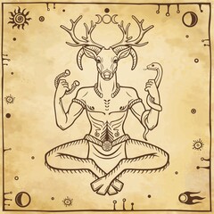 Fototapeta premium Horned god Cernunnos . Mysticism, esoteric, paganism, occultism. Vector illustration. Background - imitation of old paper.