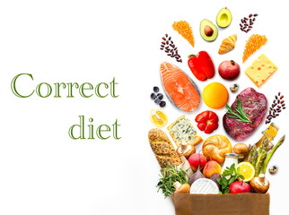 Healthy food on a white background.Healthy food ingredients isolated.Salmon on a white background.Steak, meat on a white background.The concept of proper nutrition. Diet.Supermarket.Market 
