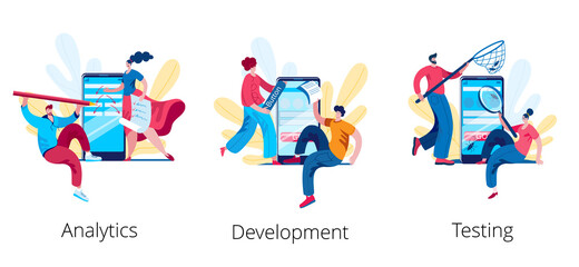 Fototapeta premium A team of analysts is developing a scheme for a mobile application. The concept of a vector illustration on the topic of analytics and development of technical requirements.