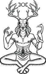 Horned god Cernunnos . Mysticism, esoteric, paganism, occultism. Vector illustration isolated on a white background.