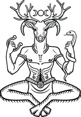 Horned god Cernunnos . Mysticism, esoteric, paganism, occultism. Vector illustration isolated on a white background.