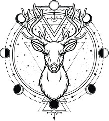 Animation portrait of a horned deer - spirit of the wood. Pagan deity. Circle of sacred geometry, phase of the moon. Gold vector illustration isolated on a black background. Print, potser, t-shirt.