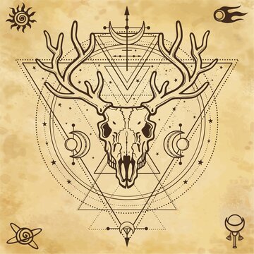 Mystical image of the  skull a horned deer, sacred geometry, symbols of the moon. Background - imitation of old paper. Esoteric, paganism, occultism.Vector illustration. Print, potser, t-shirt, card