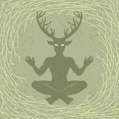 Silhouette of the sitting horned god Cernunnos. Mysticism, esoteric, paganism, occultism.  Vector illustration. Background - tree branches.