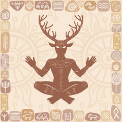 Silhouette of the sitting horned god Cernunnos. Mysticism, esoteric, paganism, occultism.  Vector illustration. Background - a decorative frame ethnic symbols.