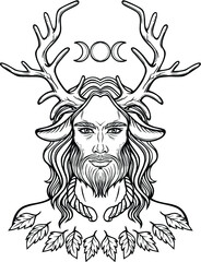 Portrait of horned god  Cernunnos . Mysticism, esoteric, paganism, occultism. Linear monochrome drawing. Vector illustration isolated on a white background.