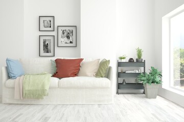 White living room with sofa. Scandinavian interior design. 3D illustration