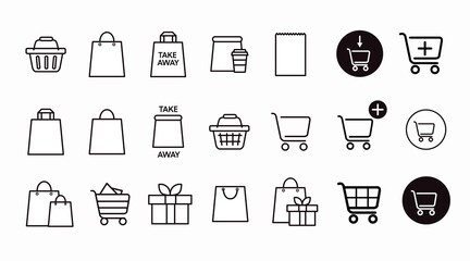 Black and White Shopping Icon Set, with Shopping Bags and Carts. Vector Isolated Illustration