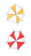 Illustration by markers. Beach multi-colored umbrellas on a white background.