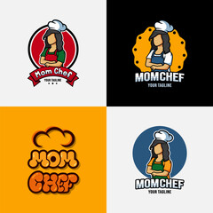 Mom chef cartoon character logo collection. Chef logo mascot with bubble lettering illustration.