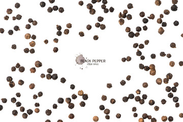 Black pepper seeds on white background. Food ingredients, spices
