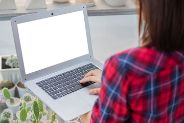 Close-up, a beautiful Asian woman in a red and blue scottish shirt is using a laptop at a cactus farm to accept cactus orders from customers on an online marketplace.