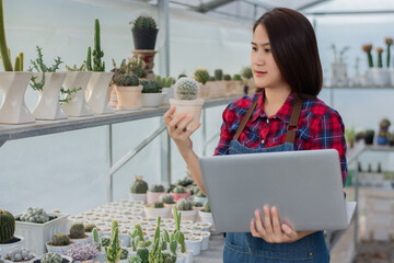 A beautiful Asian woman in a red and blue scottish shirt stands. holding a laptop On the farm cactus to accept orders for a cactus from an online market customer