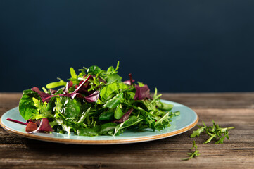 salad mix of fresh herbs, arugula, chard, spinach in tarenle on a wooden background, side view,...