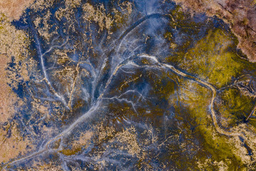 Aerial drone view of industrial chemicals dump site from ironlworks, dry soil with unique texture.