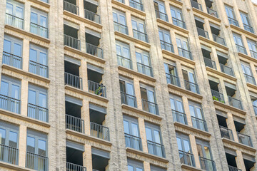 July 2020. London. Architecture and office windows abstract in Greenwich peninsula in London England