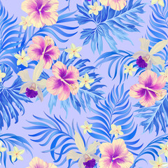 Fototapeta na wymiar Tropical pattern with strelizia, hibiscus, palm leaves. Summer vector background for fabric, cover,print design.