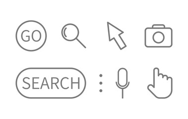 Search line icons set. Magnifying glass, search, cursor pointer, go, microphone, camera symbols. Search bar. Address and navigation template. Window display. Vector illustration
