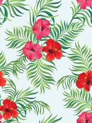 Foto op Aluminium Tropical pattern with strelizia, hibiscus, palm leaves. Summer vector background for fabric, cover,print design. © Logunova  Elena