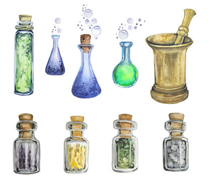 Watercolor magic bottles and mortar on the white background