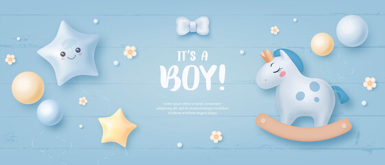 Baby shower horizontal banner with cartoon horse, helium balloons and flowers on blue wooden background. It's a boy. Vector illustration