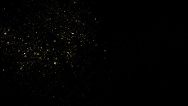 Magician wand golden lights effect on black background. Gold glitter wave with sparkles magic fairy dust. Mystery and illusion concept. Glitter trail in the air. Animation magic spell or stardust