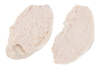 Pieces of boiled chicken breast isolated on white background