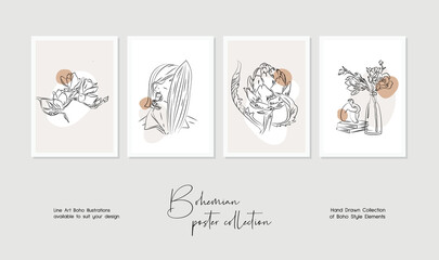 Fototapeta premium Botanical wall art vector set. Bohemian line art drawing with abstract shape. Abstract Plant line art design for print, cover, wallpaper. Minimal and natural wall art.