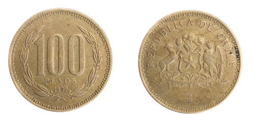 Chile one hundred pesos coin on a white isolated background